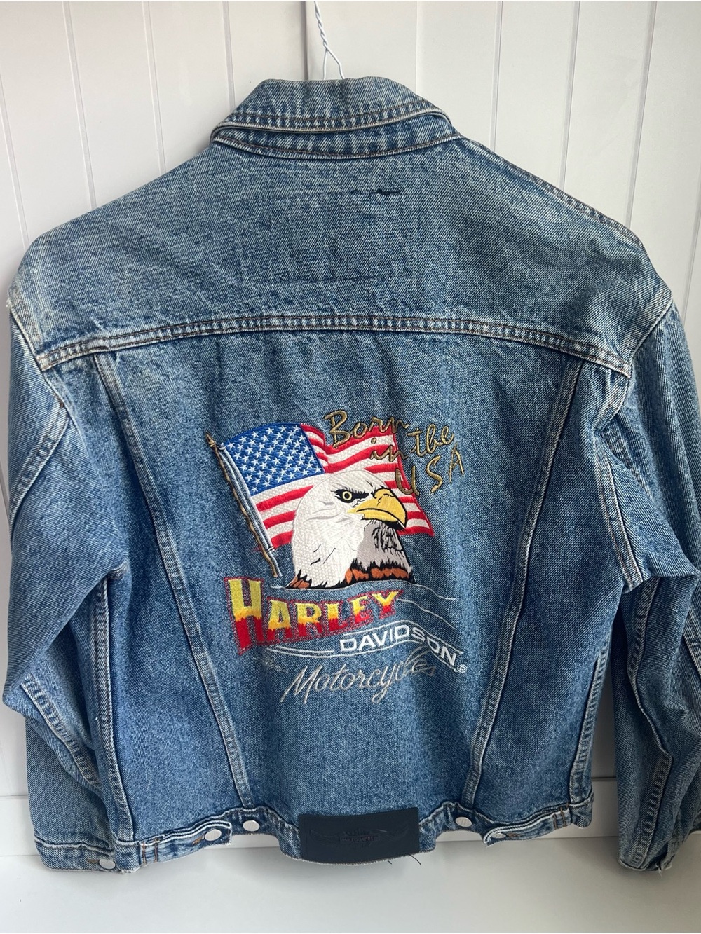 Vintage Harley Davidson Denim Trucker Jacket “Born in the USA”Eagle Mens Small